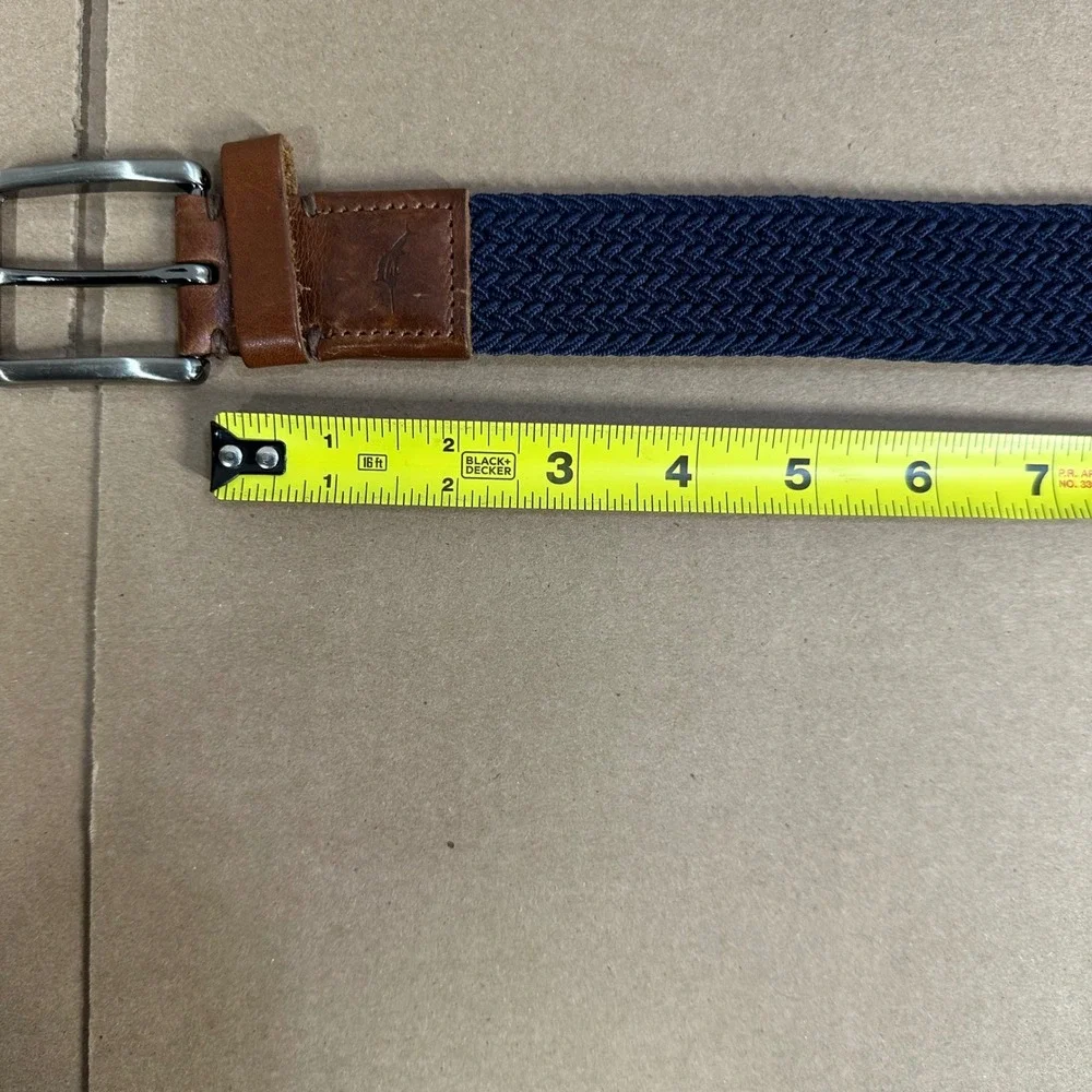 Tommy Bahama Braided Belt Mens L/XL Navy Blue Woven Leather Trim Stretch Casual